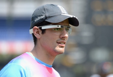 England captain Alastair Cook, wearing Google Glass.