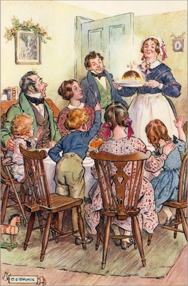 Mrs. Cratchit bringing in the flaming Christmas pudding in an illustration by Edmund Brock