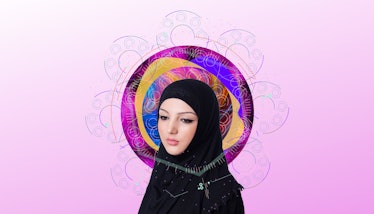 A picture of the girl wearing a black hijab on the light purple background 