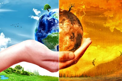 An illustration of a hand holding the earth, one half looking normal while the other is burning