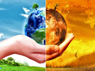 An illustration of a hand holding the earth, one half looking normal while the other is burning