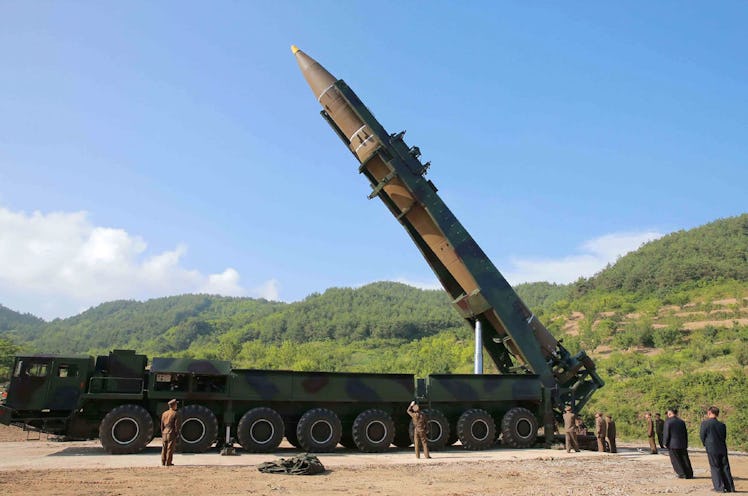 The Hwasong-14 on a transporter-erector vehicle. 