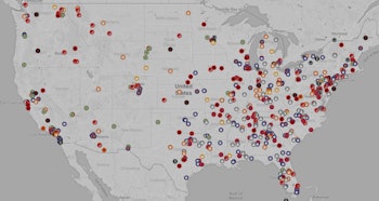 The U.S. Hate Map in black and white with colorful dots all over it 