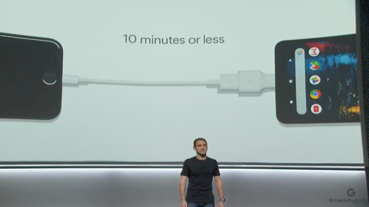 iPhone and Pixel 2 connected by a wire poster at Pixel 2 event