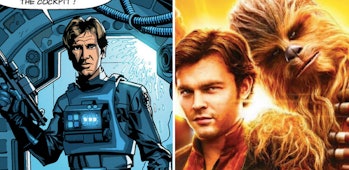 LEFT: Han as a TIE Fighter pilot in old canon. RIGHT: Han and Chewie in the upcoming movie 'Solo.'