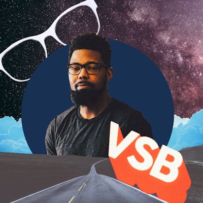 An abstract collage with a portrait of Damon Young, a road, glasses, and 'VSB'