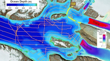 Estimated ice flow velocities of Tracy and Heilprin glaciers (right) and the depths of the fjord in ...