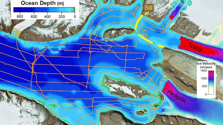 Estimated ice flow velocities of Tracy and Heilprin glaciers (right) and the depths of the fjord in ...