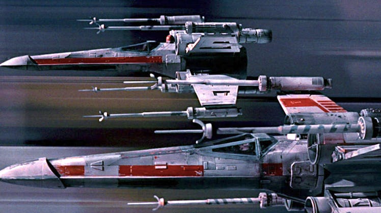 X-wing starfighters as they appeared in the original 'Star Wars'.