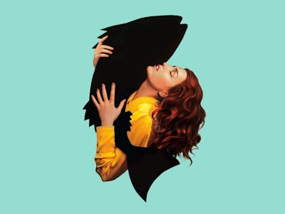 A digital painting of a brunette woman hugging a black fish as the Pisces symbol