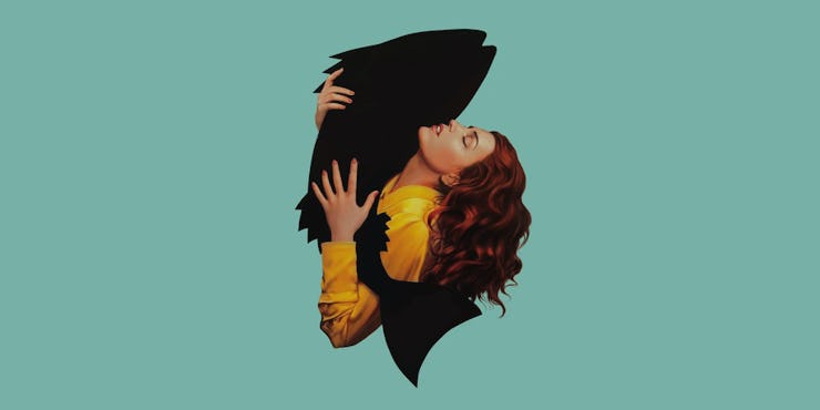 A digital painting of a brunette woman hugging a black fish as the Pisces symbol