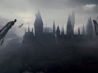 A scene from harry potter with the death eaters going into hogwarts