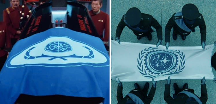 LEFT: Spock's casket with a Federation flag in 'The Wrath of Khan' (1982) RIGHT: Starfleet officers ...