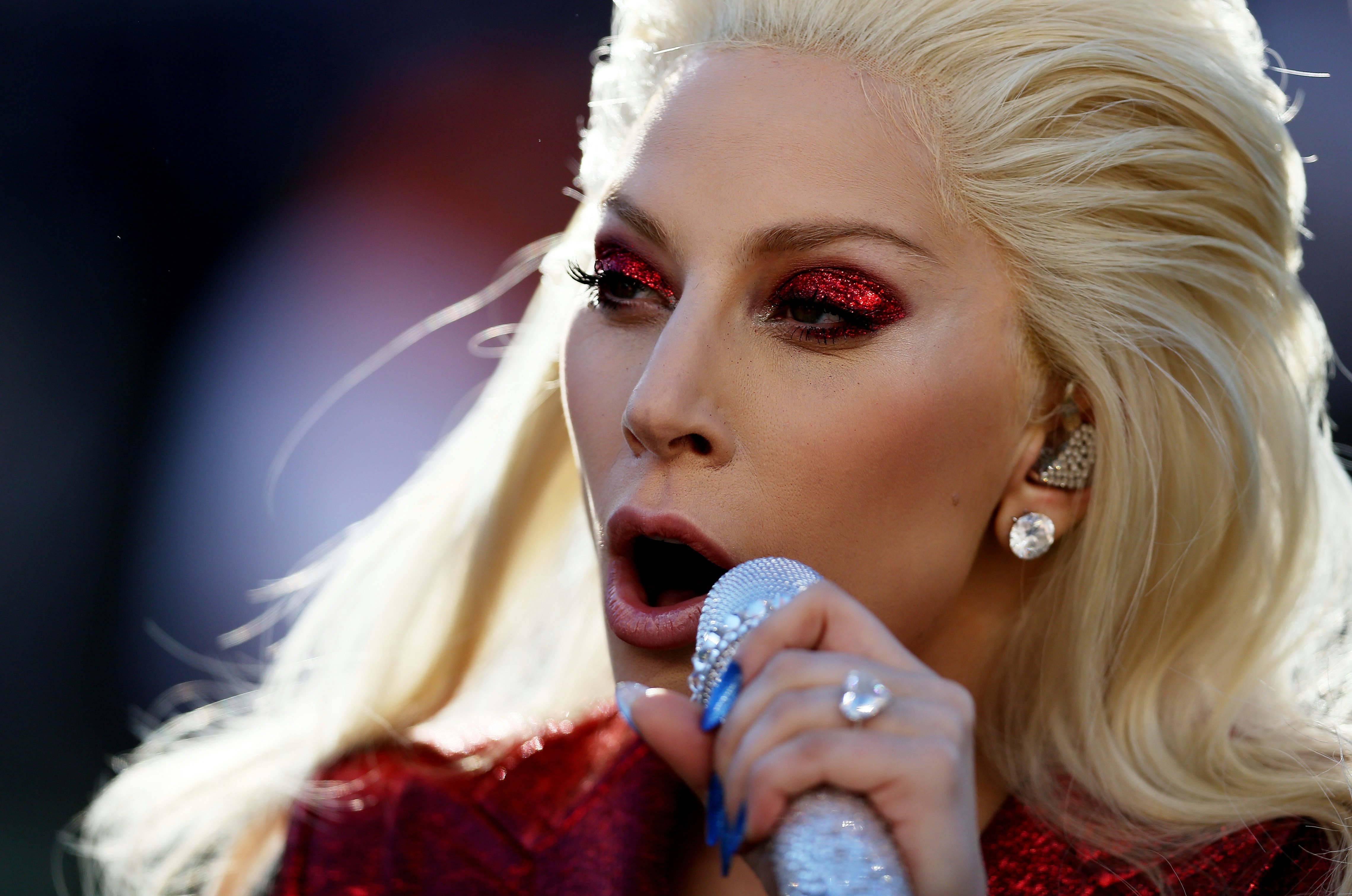 Lady Gaga red glitter eyes Super Bowl Makeup: Tutorial & Pictures