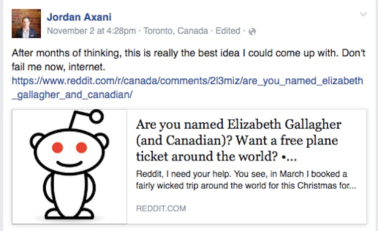 Canadian Man Jordan Axani Seeks Woman Named Elizabeth Gallagher For a ...