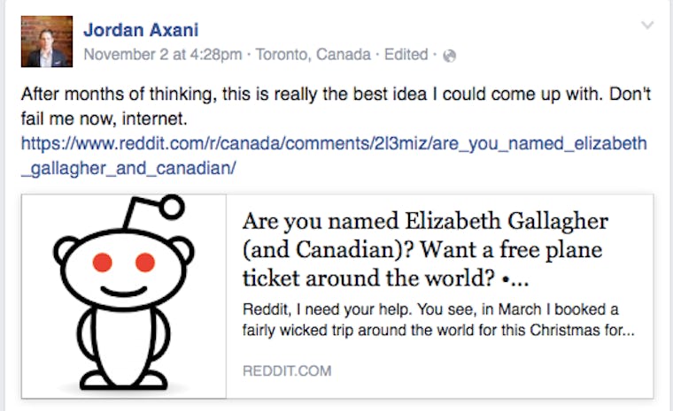 Canadian Man Jordan Axani Seeks Woman Named Elizabeth Gallagher For a ...