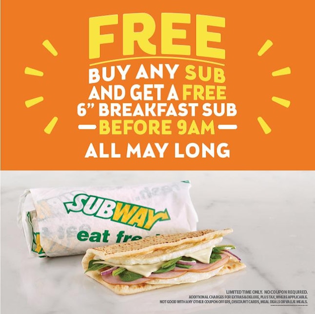 Get A Free Subway Breakfast Sandwich In May With This Buy One, Get One Deal Get A Free Subway Breakfast Sandwich In May With This Buy One, Get One Deal