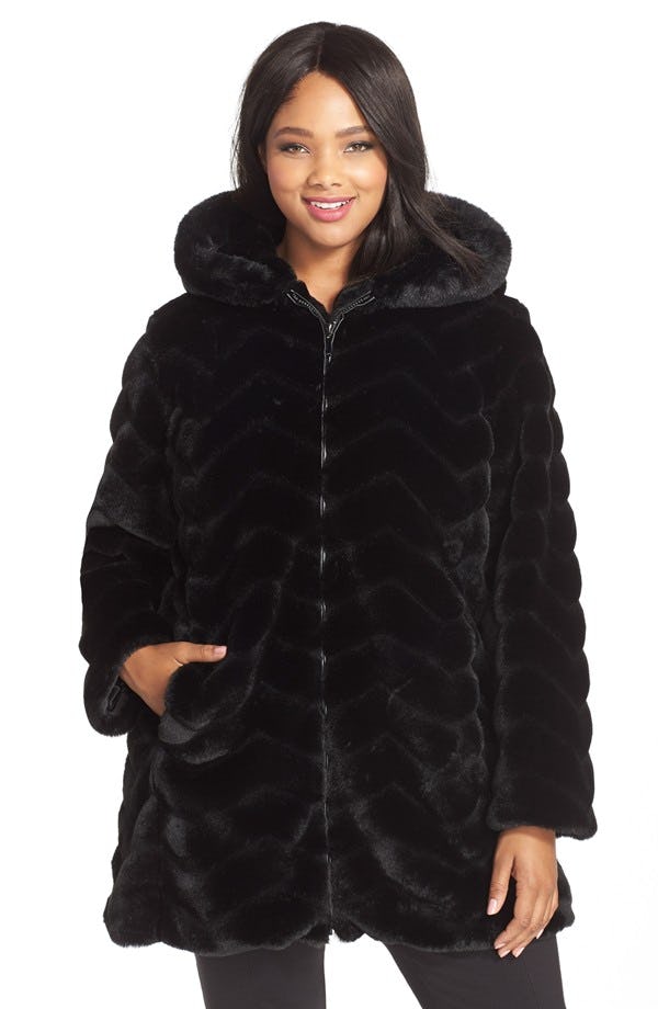 Gallery hooded chevron on sale faux fur coat