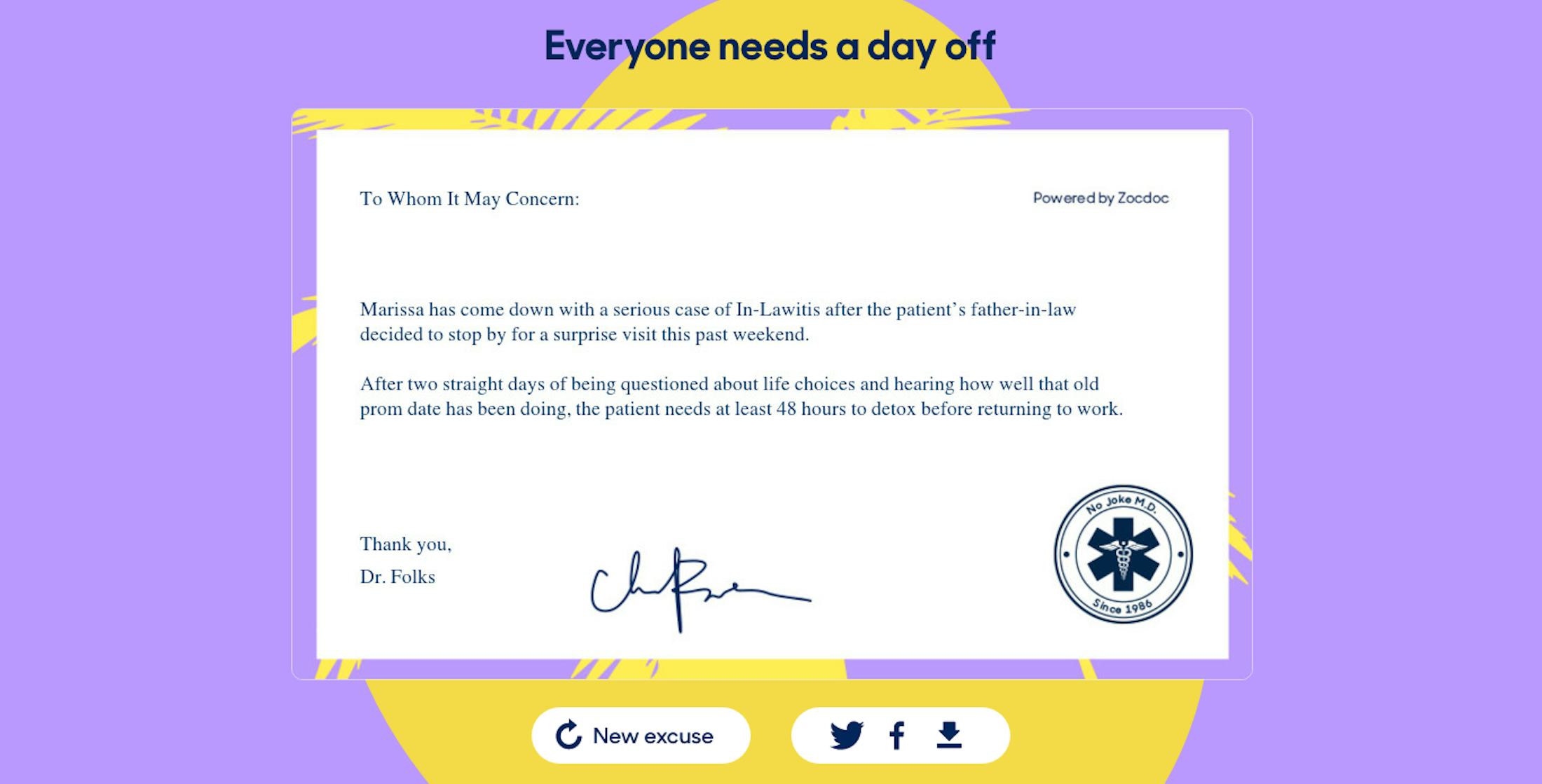 Sick Day Excuse Generator From Zocdoc Supplies All The Excuses You Wish You Could Make For Work