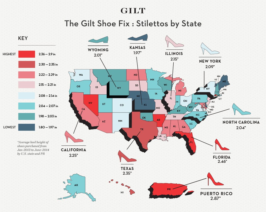 Gilt S Map Of The Average Heel Height In Each U S State Shows Which Of   D5ebad00 4338 0132 4155 0ebc4eccb42f 