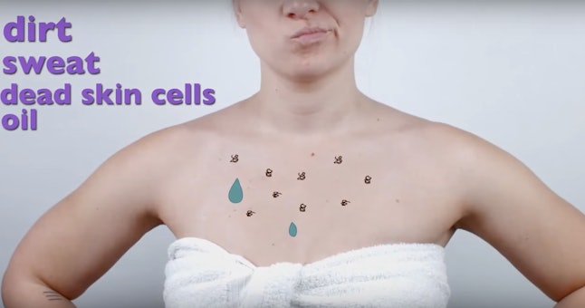 A person with animated dirt illustrations. General dirtiness is one effect of not showering
