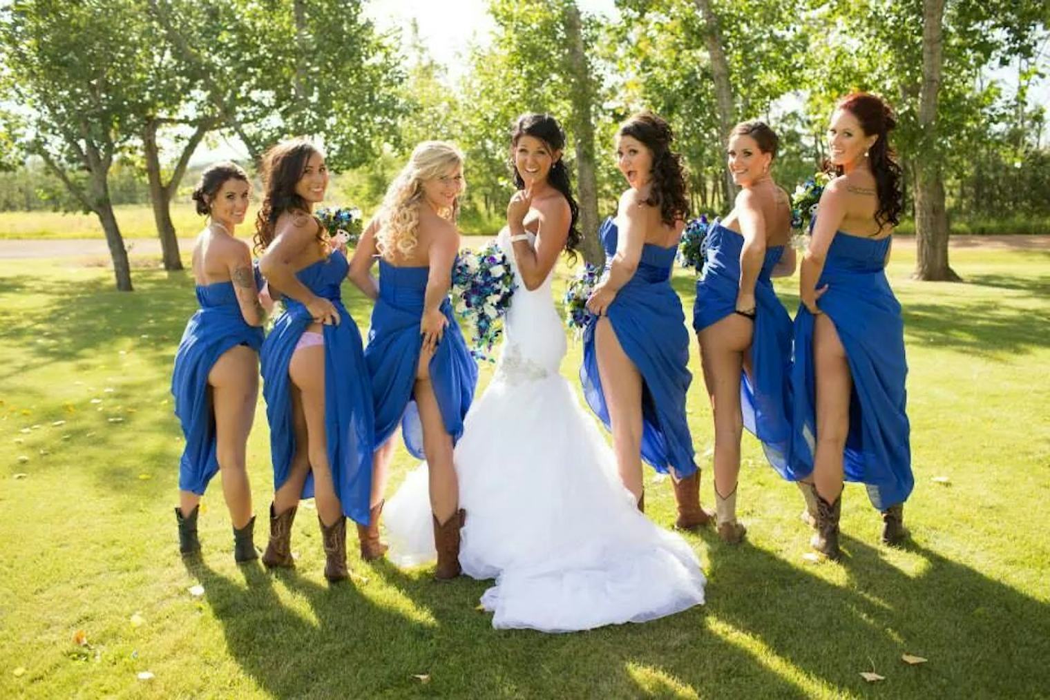 Brides and Bridesmaids Pulling Up Their Dresses to Show Off Their Butts