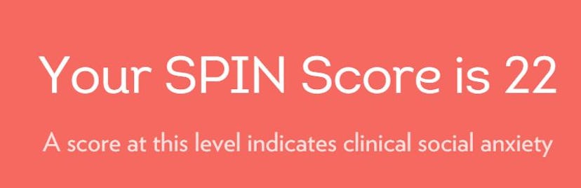 Your Spin score is 22 A score at this level indicates clinical social anxiety