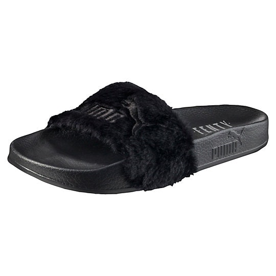 black puma fur slides