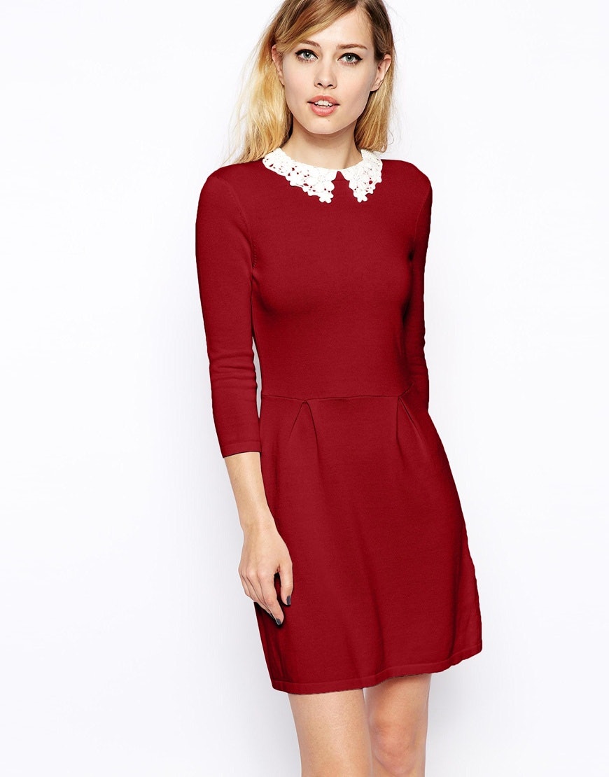 red dress with white lace collar