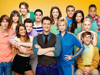 The cast of 'Glee', starring Matthew Morrison, Lea Michele, Darren Criss and Amber Riley. The show ran for six seasons from 2009 to 2015.