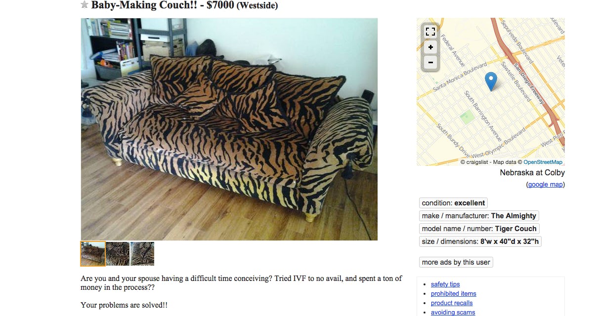 Craigslist "Baby Making Couch" Sells For 7,500 &amp; Will