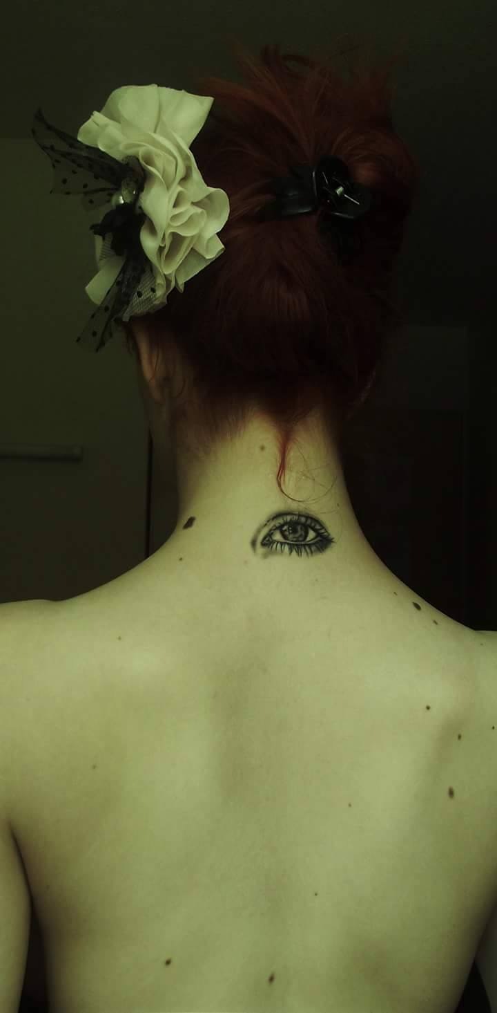 Black Ink Eyes In Triangle Tattoo On Man Back Neck By Ien Levin