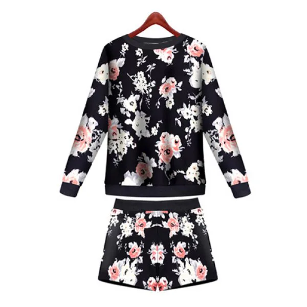Flower Pattern Long Sleeve Sweater and Drawstring Shorts Set