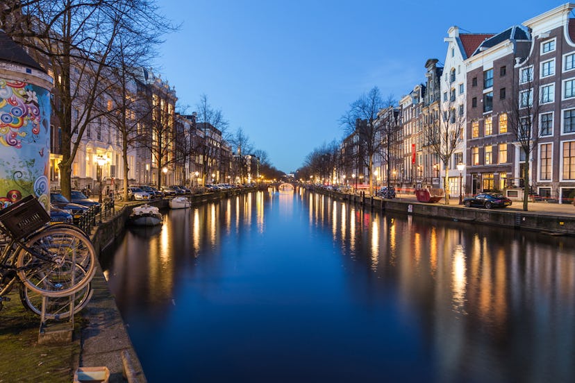 One of the many canals at twilight in Amsterdam