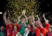 Spain's team celebrating their win at the World Cup