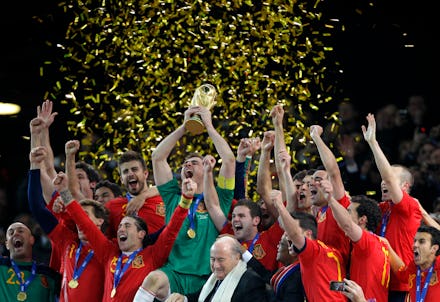 Spain's team celebrating their win at the World Cup