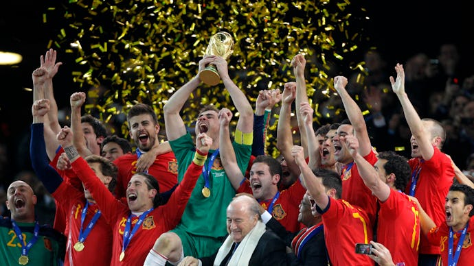 Spain's team celebrating their win at the World Cup