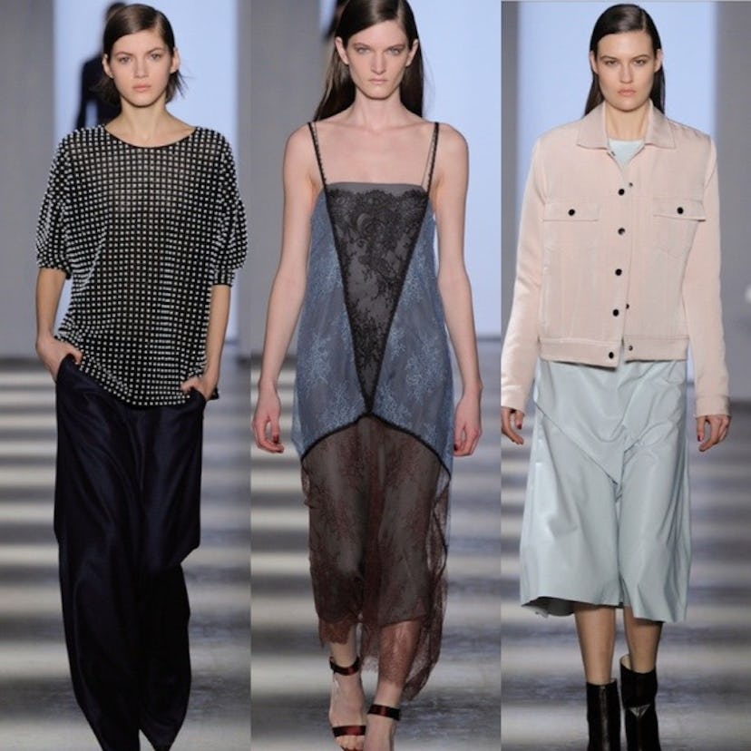 Three models walking in Wes Gordon creations at New York Fashion Week