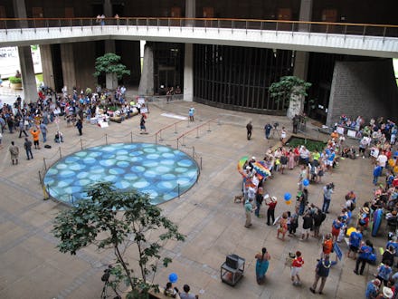 A crowd on a town square celebrating gay marriage in Hawaii