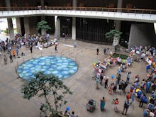 A crowd on a town square celebrating gay marriage in Hawaii