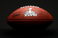 Super Bowl Wilson ball with Duke and Wilson written on it