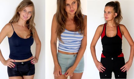 Three side-by-side photos of a girl modelling AR Wear's anti-rape shorts from their Indiegogo campai...