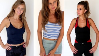 Three side-by-side photos of a girl modelling AR Wear's anti-rape shorts from their Indiegogo campai...