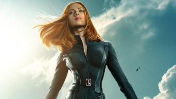 Scarlett Johansson posing for poster for the Captain America 2 with her waist shrunk immensely by ph...