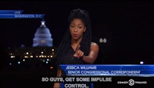 Daily Show's Jessica Williams talking about cat-calling with a text below her saying how men should ...