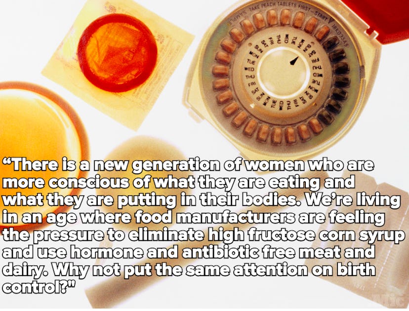 A variety of old-fashioned birth control objects and a text about a new generation of women and awar...