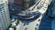 A futuristic bus that lets cars drive through it from an aerial view