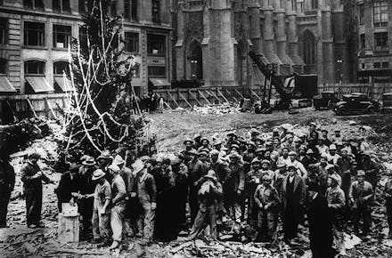 An old photo of the Rockefeller Center Christmas Tree Lightning in 1931