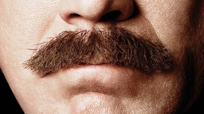 A close up shot of Ron Burgundys mustache