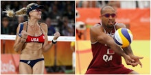 A two-part collage of a female Olympian and  Jefferson Santos Pereira of Qatar